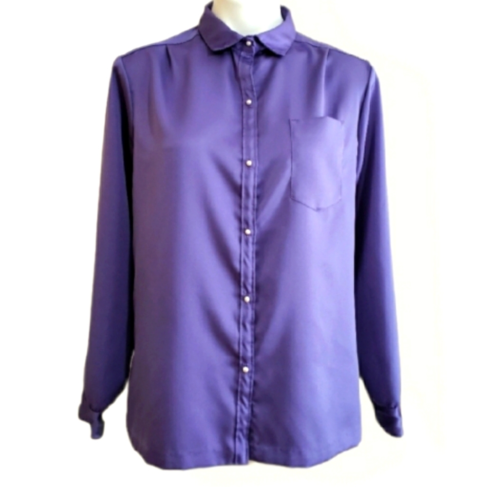 Vintage 70s Ship 'n Shore Blouse Pearl Buttons Women's Size XL Purple